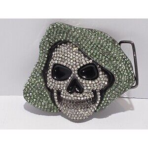 Skull Skeleton Green Hoodie Rhinestones Silver Chrome Men Belt Buckle